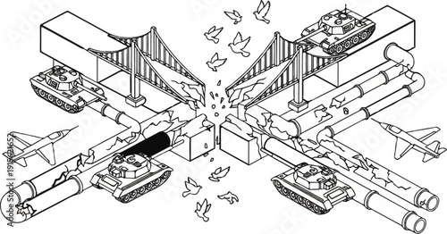 Overhead view of a broken bridge with tanks, jets, and doves flying above