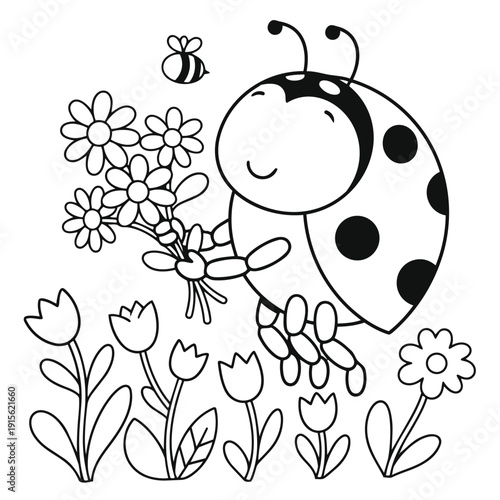 Cute ladybug holding flowers coloring page for kids, cartoon insect in garden with bees and tulips, educational line art for children