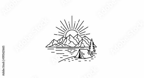 Minimalist outdoor scene with mountains, sun, lake, tent, and tree