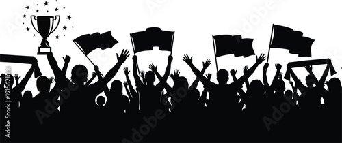 Celebrating crowd silhouette with flags and trophy, cheering fans raising hands in victory, success and championship celebration scene isolated on white background