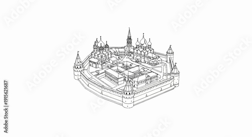 Ornate walled complex with multiple towers and domed structures