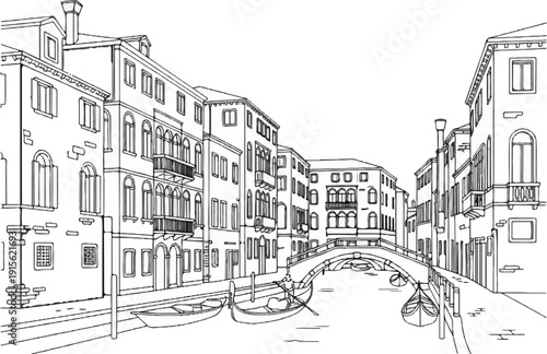 Ornate buildings line a tranquil canal crossed by a stone bridge, with boats afloat
