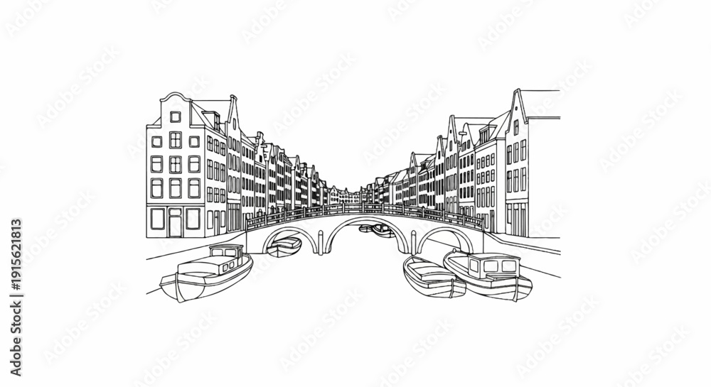 Fototapeta premium Ornate bridge spans canal lined with Dutch-style buildings with boats