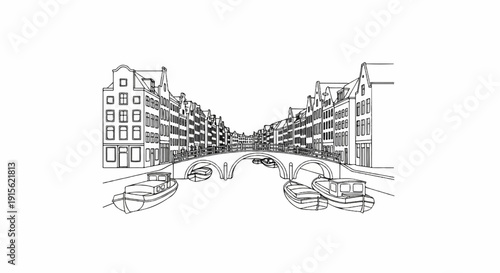 Ornate bridge spans canal lined with Dutch-style buildings with boats