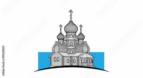 Ornate wooden church with onion domes and crosses on a hill