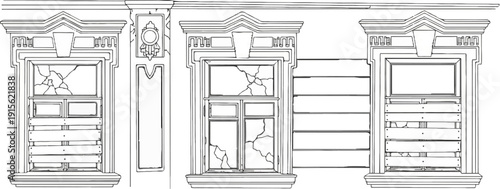 Ornate windows with cracked panes and boarded sections, standing tall
