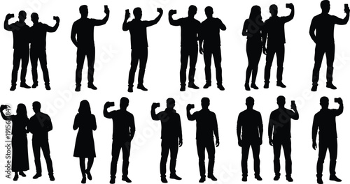 People taking selfies silhouette set with men and women posing alone and together, smartphone photography scenes isolated on white background for social media and lifestyle concepts
