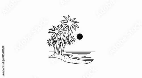 Minimalist black and white illustration of a tropical beach scene