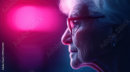 This serene image captures the profile of an elderly woman, highlighting her wisdom and grace against an abstract background of soft pink lighting and tranquility.