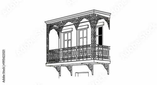 Ornate wrought iron balcony with intricate scrollwork and arched supports