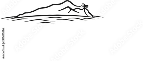 Minimalist black ink drawing of a tropical island with mountains and a palm tree