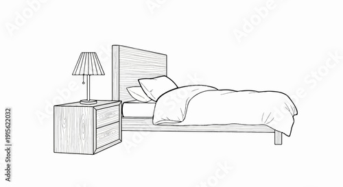 Minimalist bed frame and nightstand with lamp, sketched outline