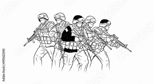 Military squad with rifles, helmet, and gear, ready for action