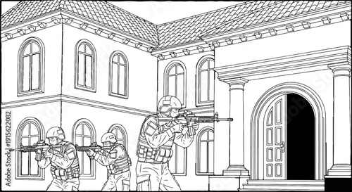 Military personnel advance on a building with an open doorway