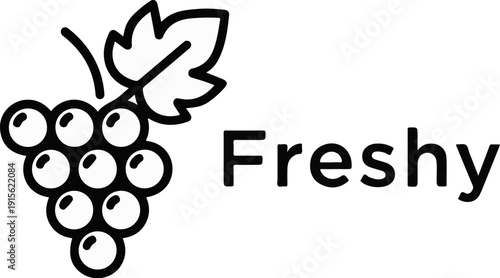 Minimalist black outline of a bunch of grapes with a leaf and the word "Freshy