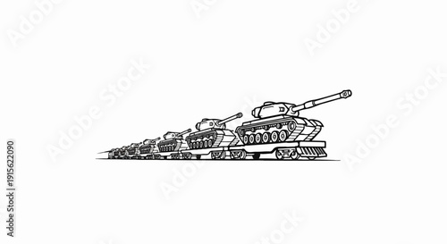 Multiple tanks arranged in a decreasing line on a train