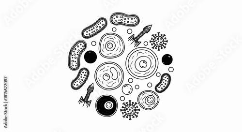 Microscopic world in circular arrangement featuring diverse cell and virus illustrations