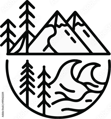 Minimalist stylized mountains, trees, and ocean waves in a circular emblem