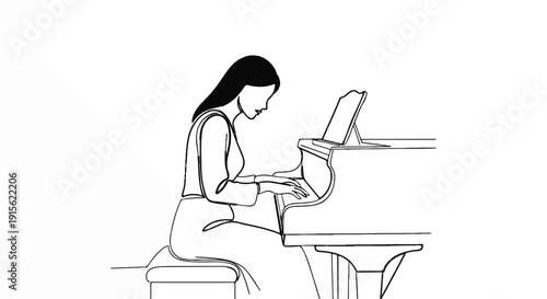 Minimalist sketch of a woman playing a grand piano on a stool