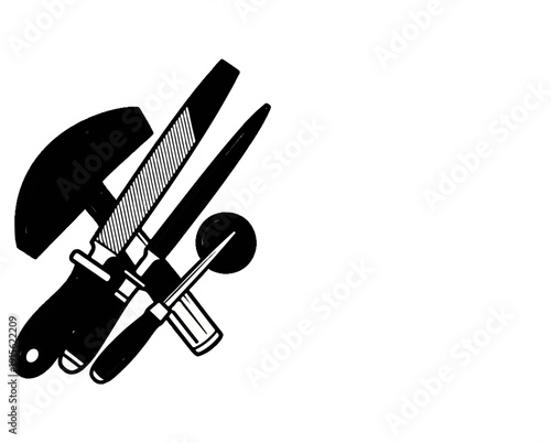 Metalworking tools including hammer, file, and awl, isolated on white