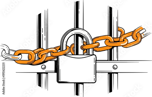 Metal security chain secured by a padlock and bolted to vertical posts