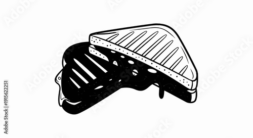 Melty cheese sandwich, black and white illustration