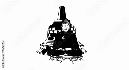 Meditating Buddha in front of a stupa, symbolic of enlightenment and peace