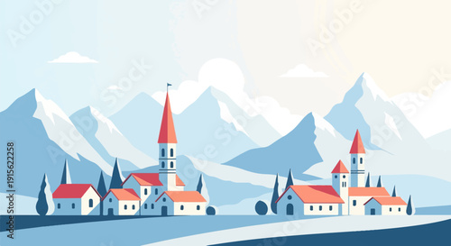 Minimalist village with red-roofed buildings nestled against blue mountains