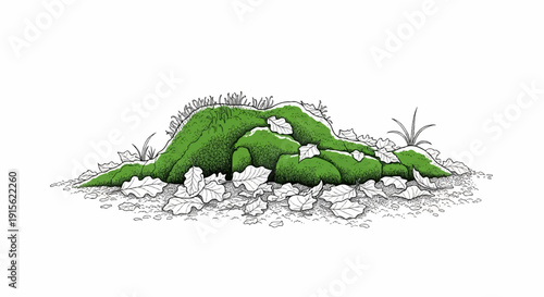 Lush green moss-covered mound with scattered fallen leaves and blades of grass
