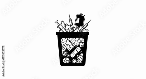 Medical waste, including syringes and IV bags, overflowing from a trash can