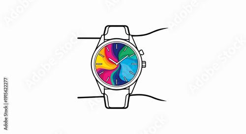 Minimalist wrist watch with colorful swirling dial on a white background