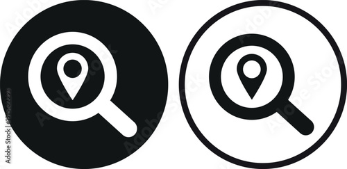 Search location icon set in two styles . Magnifying glass with location pin icon . Vector illustration