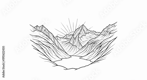 Majestic mountain peaks rise around a serene lake as sun rays emanate outwards