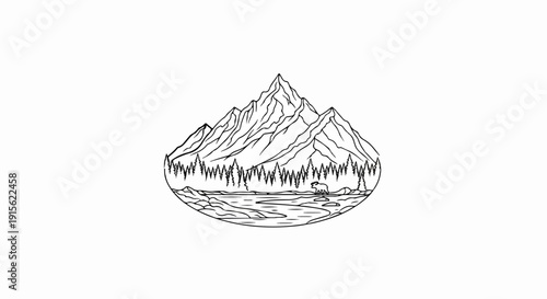 Majestic mountains frame a serene forest, river, and a lone bear