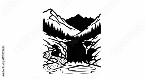 Majestic mountain waterfall cascades into a serene forest pool