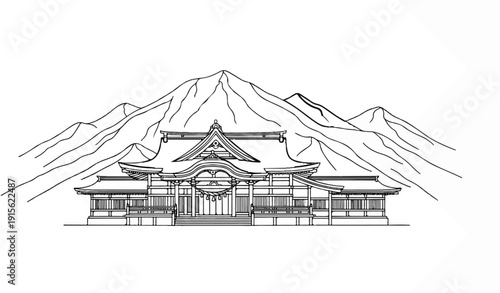 Majestic shrine nestled at the base of serene, snow-capped mountains