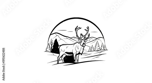 Majestic reindeer with antlers stands in a snowy landscape under a scenic mountain arch