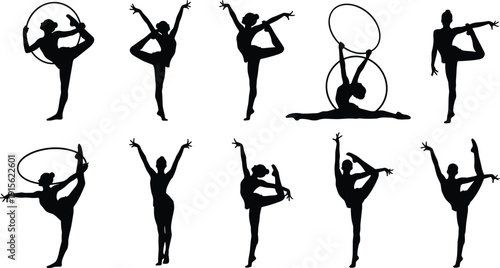 Rhythmic gymnast silhouette set showing flexible female poses with hoops, elegant balance and artistic movement isolated on white background for sport, dance and fitness concepts