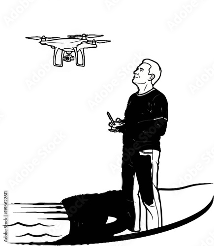 Man controlling drone from watercraft, aerial photography, hobby, technology