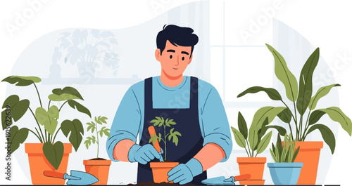 Man happily tending to plants in pots, surrounded by greenery