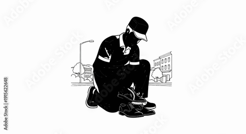 Man in cap and uniform kneels, examining shoes on a street with buildings