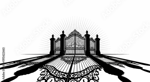 Ornate wrought iron gates cast long shadows under a radiant sunburst