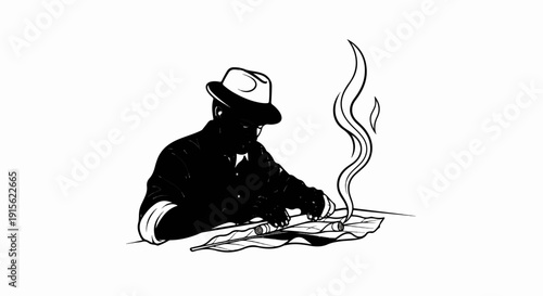 Man in hat rolls cigars on a table with smoke rising upwards
