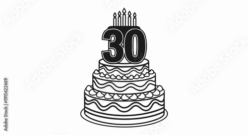 Multi-tiered celebratory cake adorned with candles and the number thirty