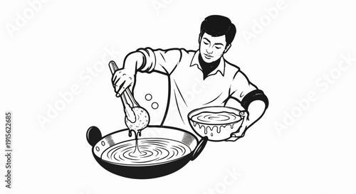 Man in chef's attire fries food in a wok, holding a bowl of batter