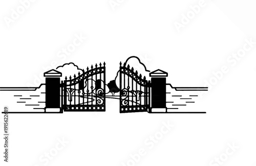 Ornate wrought iron gates open to reveal lush trees and a cloudy sky