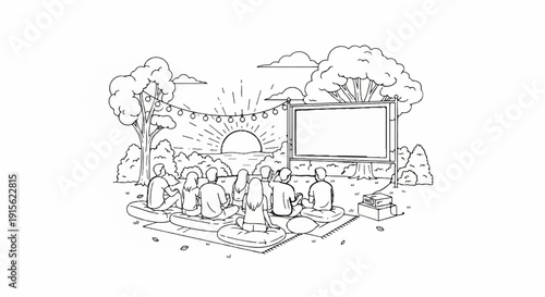 Outdoor movie night with friends watching sunset