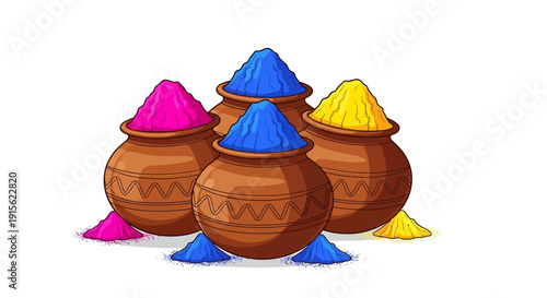 Colorful powders in wooden pots arranged for a vibrant cultural celebration scene illustration