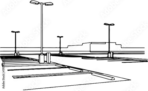 Outdoor parking lot scene with multiple streetlights and building in background