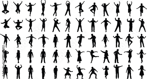 Collection of human silhouettes in various dynamic poses representing movement activity dance exercise fitness expression body language actions isolated vector illustration